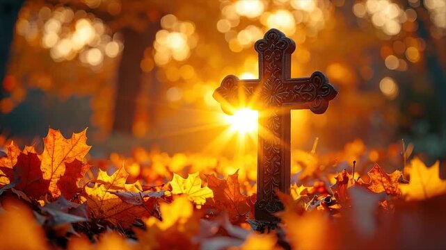Ornate cross in autumn leaves, sunlit. Warm tones and bokeh, serene scene