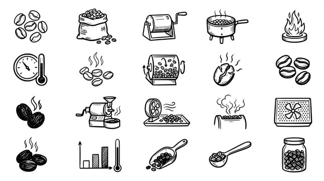 Set of hand-drawn icons documenting the coffee bean roasting process from raw beans to cooled final roasted product with roasting, caffeine