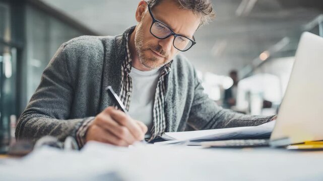 Individual concentrating on tasks while writing notes by computer