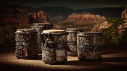 Fototapeta premium A Group of Natural Leather Bongo Drums with Textured Surfaces Set Against a Desolate Desert Landscape