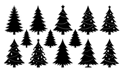 Obraz premium Christmas Pine Tree Silhouette Collection with Evergreen Holiday Forest Vector Illustration Set