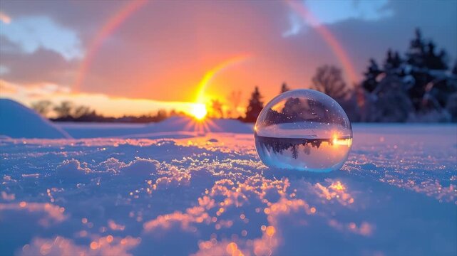 Winter landscape with crystal ball reflecting sunset, and rainbow arching above