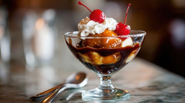 Irresistible Caramel Sundae Topped With Whipped Cream And Cherries In A Glass Cup