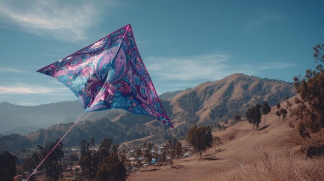 Ornate patterned tetrahedral kite soaring high against a backdrop of rolling mountains and clear blue sky