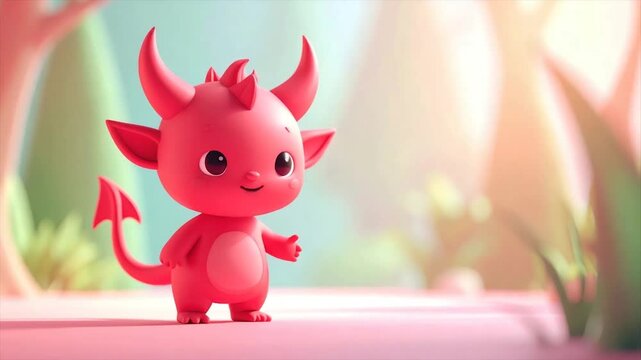 Adorable, cartoonish red demon with horns and a tail stands in a soft, dreamy environment