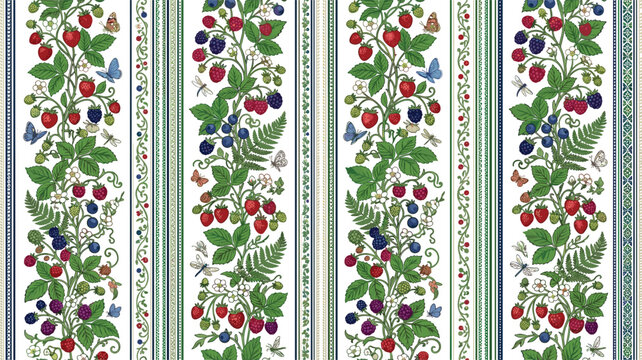 Vintage shabby chic seamless stripe pattern with pink roses strawberries and cute birds vectorVintage shabby chic seamless stripe pattern with pink roses strawberries and cute birds vector