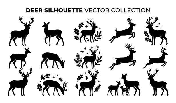 Deer Silhouette Vector Collection Featuring Stag and Buck Stencils with Antlers, Leaves, and Jumping Reindeer Elements for Nature and Wildlife Designs