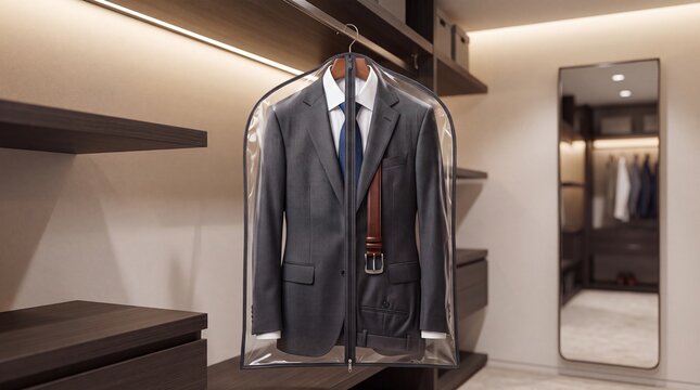 Business suit hanging in garment bag in modern closet interior  