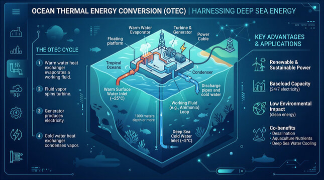 Diagram shows ocean thermal energy conversion process. Details include warm surface water and cold deep water interaction. Concepts of renewable energy, marine technology, ocean sciences
