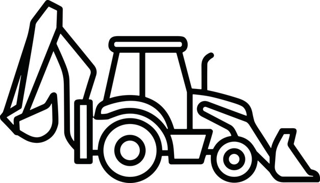 Backhoe loader icon, construction vehicle line art, heavy machinery outline