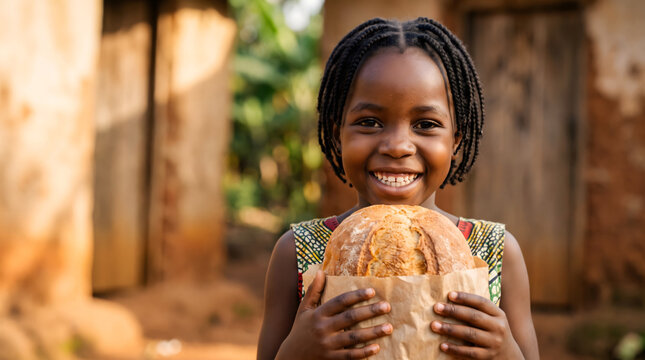 African Childhood, Bread Portrait, happy African little girl holding fresh bread