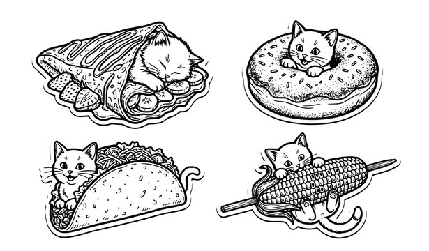 Whimsical kittens sweet street food sticker collection detailed donut crepe taco line art vector pack