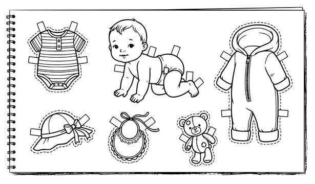 Whimsical baby paper doll with onesie clothes coloring page detailed nursery cutout vector pack
