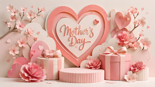 Pink mother's day product display with heart shape and gifts, mothers day