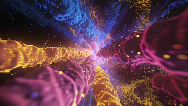 Illuminated particles expanding through glowing organic structures creating an interdimensional gateway.