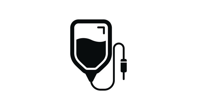 Minimalist black silhouette icon of a medical intravenous drip bag for healthcare and hospital usage