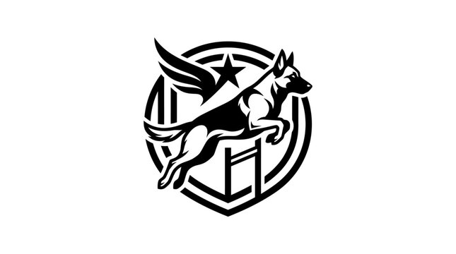 Winged German Shepherd jumping shield logo with star.