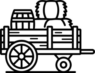 Rustic wooden cart loaded with hay bales and barrels, farm harvest, countryside transport icon © Jayagem