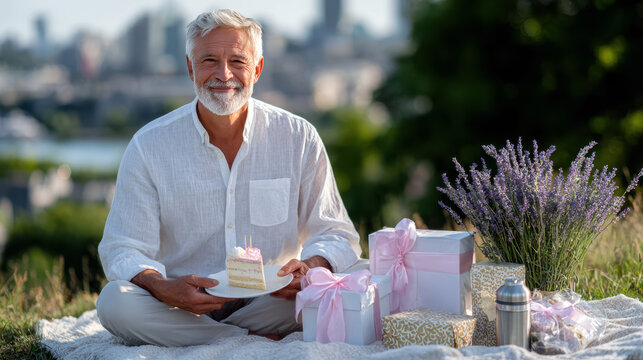 Senior man seated on blanket with birthday cake and presents in city park for picnic celebration background and gift scene