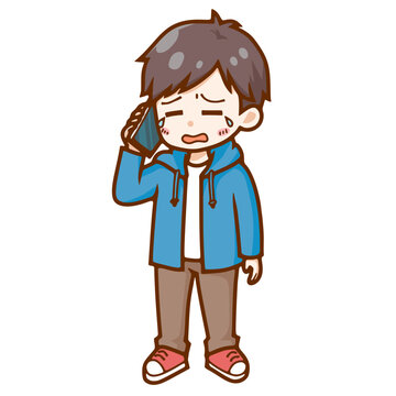 泣きながら電話をする若い男性のイラスト｜困った表情でスマートフォンを使うデフォルメ人物素材