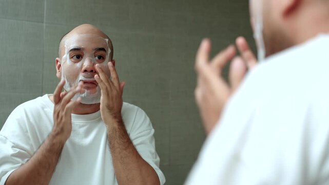 Man applying a sheet mask in front of a bathroom mirror during his morning skincare routine. Healthy aging longevity. Men self-care anti-aging skincare. wellness and preventive health concept.
