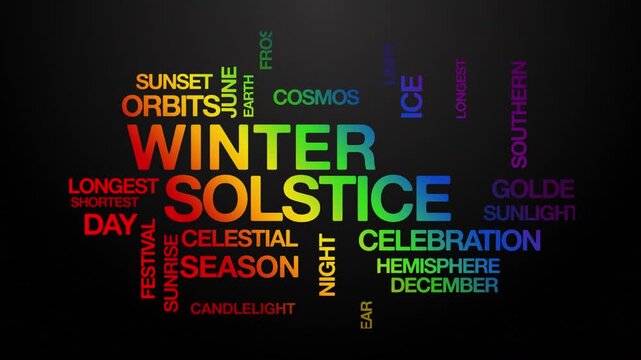 Winter solstice concept Animated Tag Word Cloud kinetic typography, Text Design Animation typography seamless loop video motion graphics Intro Wordart arrangement rainbow type on black background bg b