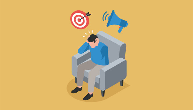 Stressed man sitting in an armchair with a target and a megaphone hovering above, representing pressure, goals, and communication stress.