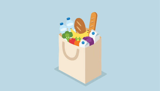 Reusable paper bag filled with healthy groceries like bread, fruits, vegetables, and bottled water, representing sustainable shopping.