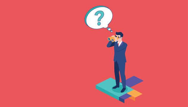 Businessman using binoculars while standing on geometric shapes with a question mark thought bubble above his head for vision.