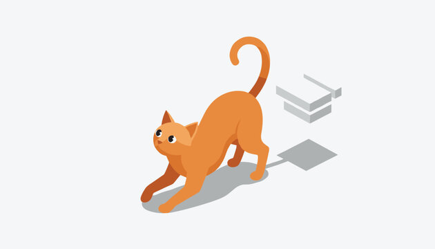 Ginger cat stretching its body with a curious expression near a stack of papers in a clean isometric household interior setting.