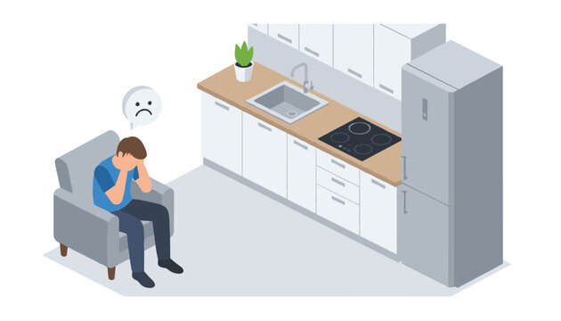 Sad man sitting in an armchair in a kitchen with a gray thought bubble and a frowning face icon representing emotional distress.