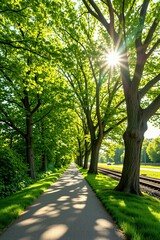Fototapeta premium Sun shines through green trees onto paved path beside railway tracks. Lush grass borders pathway. Morning light creates dappled shadows. Car drives on road nearby.