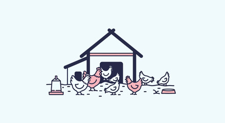 Farm Chickens in Coop with Feeding Bowls - Vector Illustration © mainstock