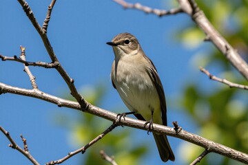 Obraz premium Small brown bird sits on tree branch against bright blue sky. Bird has delicate beak and pale chest feathers. It looks calmly to side with sharp eye, showing its natural habitat.