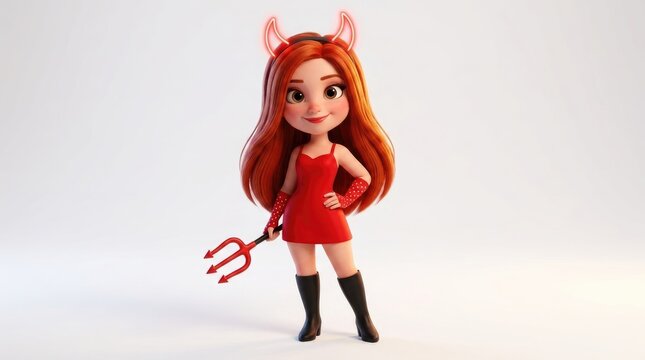Cute 3d cartoon girl in devil costume holding pitchfork against white background for halloween celebration art.