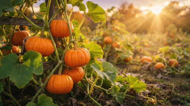 Abundant pumpkin patch at sunset, with ripe orange gourds growing on vines in warm sunlight.