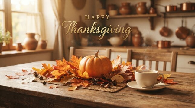 Rustic thanksgiving dinner table setting with pumpkin, autumn leaves, and cup of coffee in cozy kitchen.