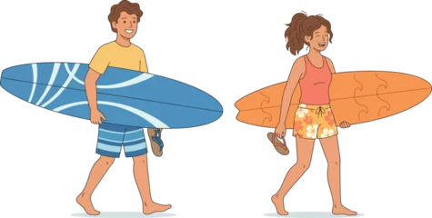 Vector Illustration of happy young couple walking together and carrying surfboards isolated on white background © Özgür Güvenç