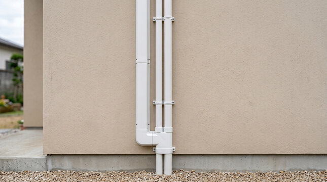 White plastic downspout and drainage pipes fixed on a beige stucco wall of a house