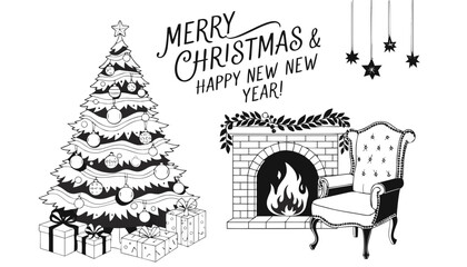 Fototapeta premium Detailed black and white line art illustration of a cozy Christmas scene with tree, gifts, fireplace, and armchair, wishing happy holidays.
