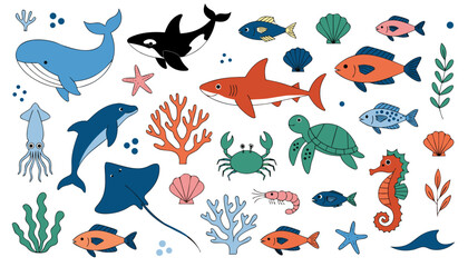 Obraz premium High-quality flat vector illustration collection of diverse sea creatures and marine life on a white background.