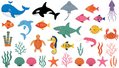 Obraz premium Flat vector illustration collection of diverse marine life, including whales, sharks, fish, and coral, on a clean white background.