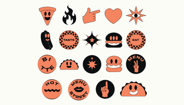 Retro-style graphic set of circular social media icons for food and dining, featuring pizza, burgers, tacos, and hot dogs with playful text.