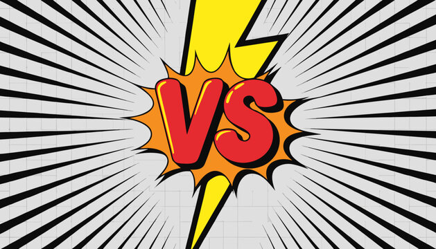 High-energy comic book style "VS" battle background with lightning bolt, red text, and radial lines on a brick wall.