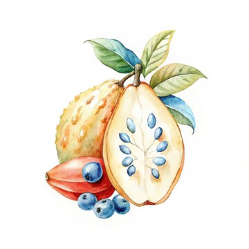 Irga watercolor fruit composition with sliced quince and berries for botanical background and food packaging design