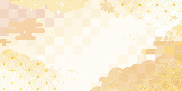 Peach and gold japanese inspired geometric pattern with floral ornament