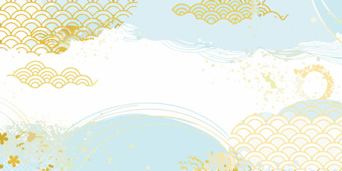 Seascape pattern with gold accents and light blue watercolor style © Bipul