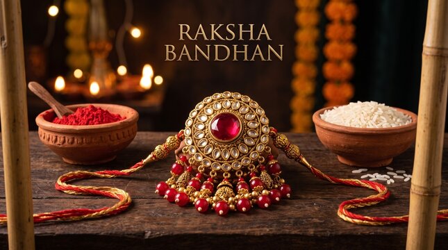 Premium antique gold Rakhi with large red ruby stone and kundan work on a rustic wooden table with traditional puja elements like kumkum and rice in clay bowls for Raksha Bandhan festival.
