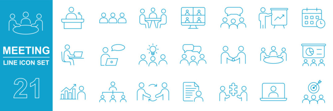 Business Meeting and Conference Table Icon Set in Solid Line and Hand Drawn Styles. Meeting collaboration icon set. , Top view of five people sitting around round table in negotiation meeting icon,