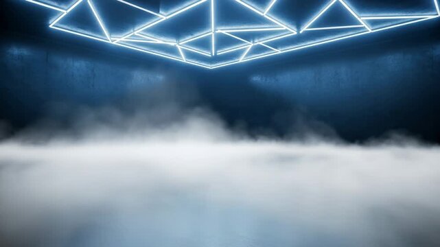 Neon geometric light ceiling in dark foggy studio background 4K Ai HD high quality video.